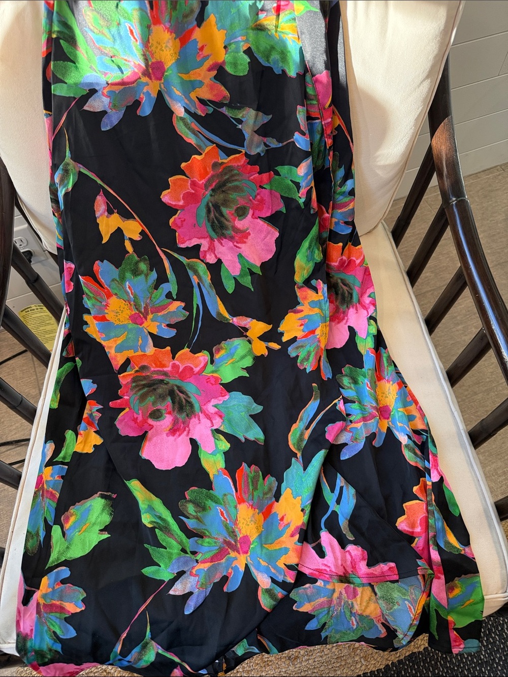 Nicole Miller Black Floral Wrap Dress with Bright Pink and Green Bloom Print - Picture 4 of 4